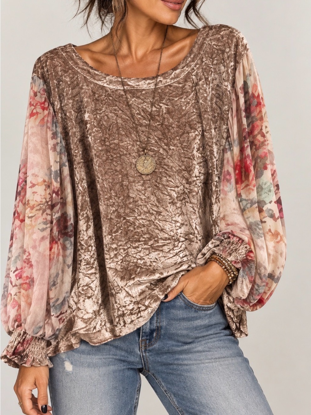Anthropologie Women's Pink Floral Long-Sleeve Velvet Top
